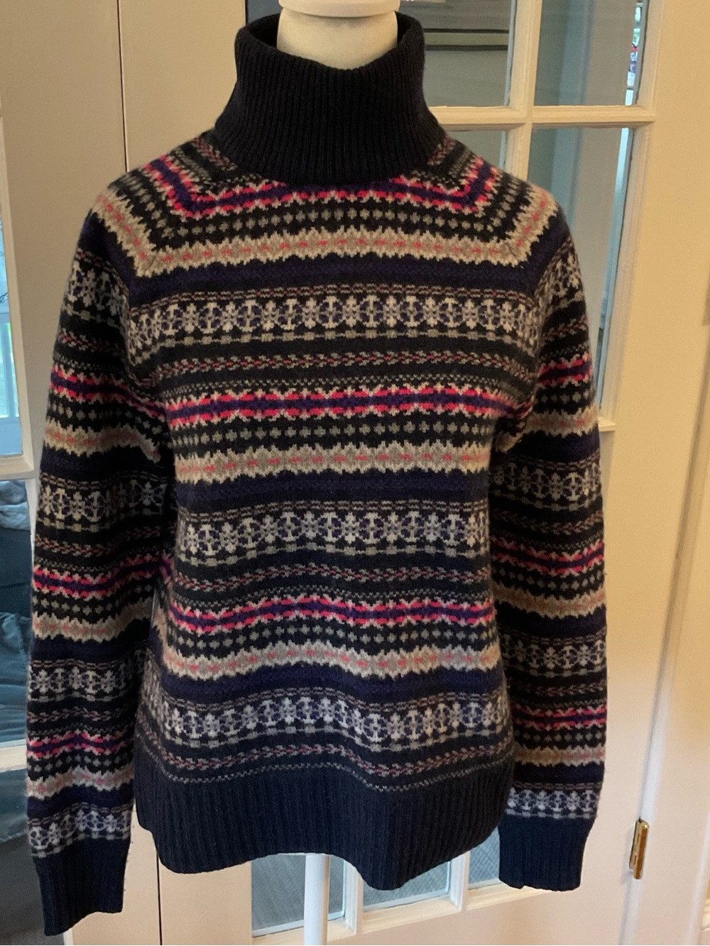 J. Crew Navy Wool Fair Isle Sweater with Pink Accents